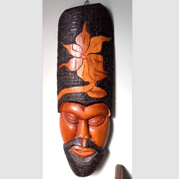 Tiki Head Large Vintage Bearded Polynesian or African Carving Teak Wood 27 inch - Picture 1 of 9
